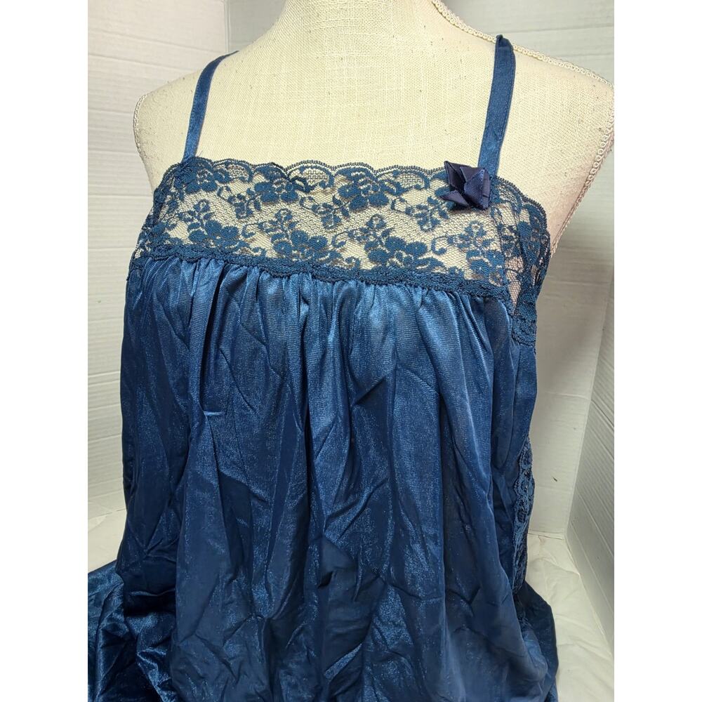 Navy Blue Lace Trim Sz L Vtg Slip Nightgown Maxi Y2K Sleep Dress Babydoll 90's - Picture 9 of 10